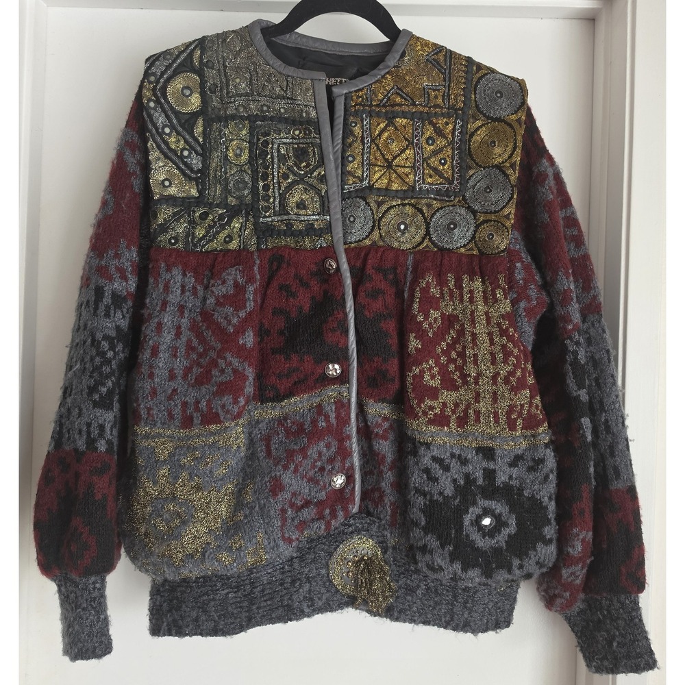 VTG Crochetta Vintage Mixed Media Knit Cardigan Gold Silver Embroidery Red  Grey